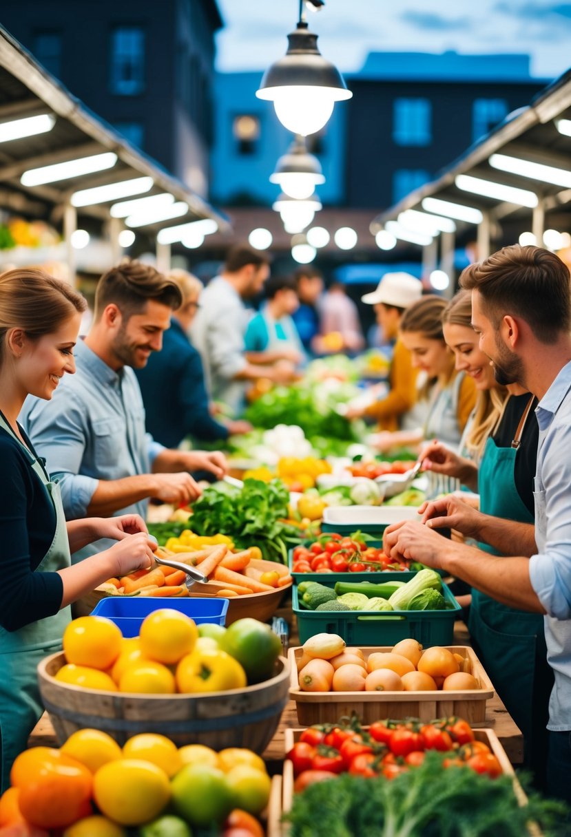 A bustling farmer's market with colorful produce and couples cooking together at a shared table