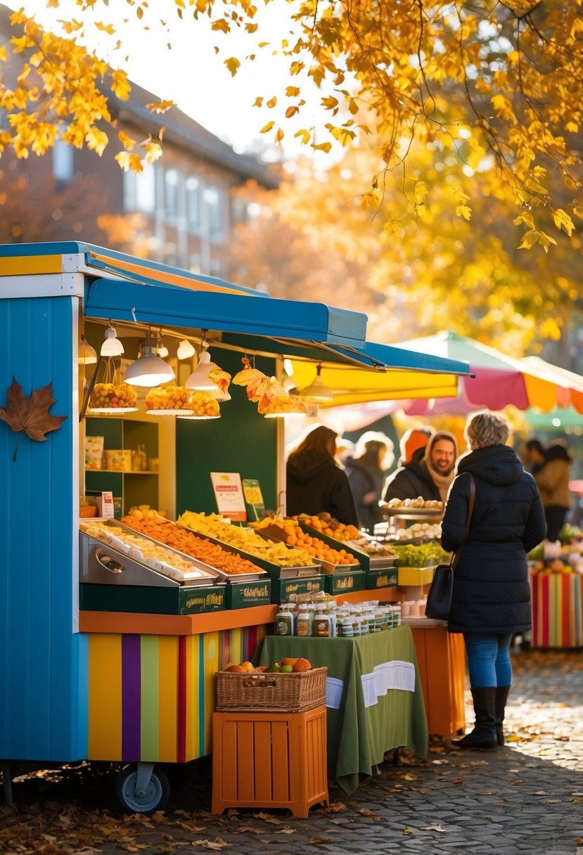 A cozy outdoor market with colorful stalls and autumn-themed food samples, surrounded by falling leaves and warm, golden sunlight