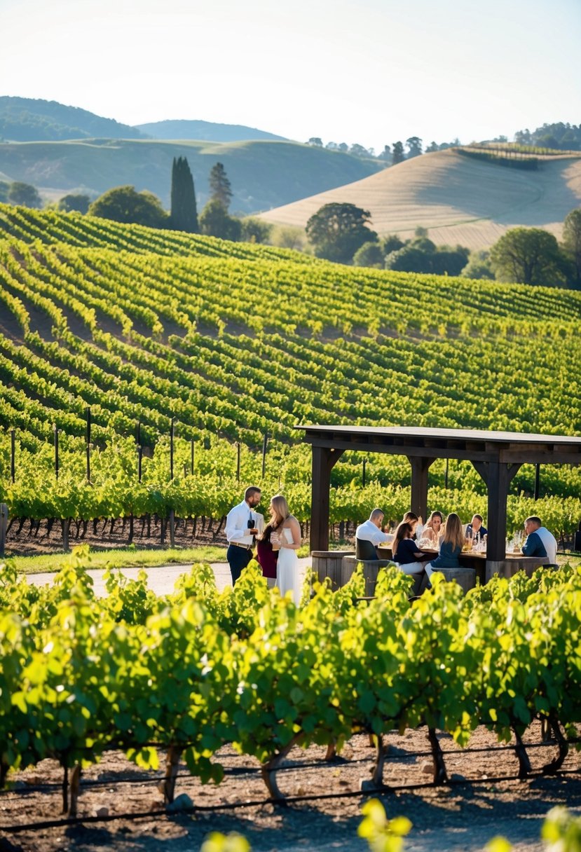 Lush vineyard with rolling hills, rows of grapevines, and a rustic tasting area. Sun shining, couples sipping wine and enjoying the scenic views