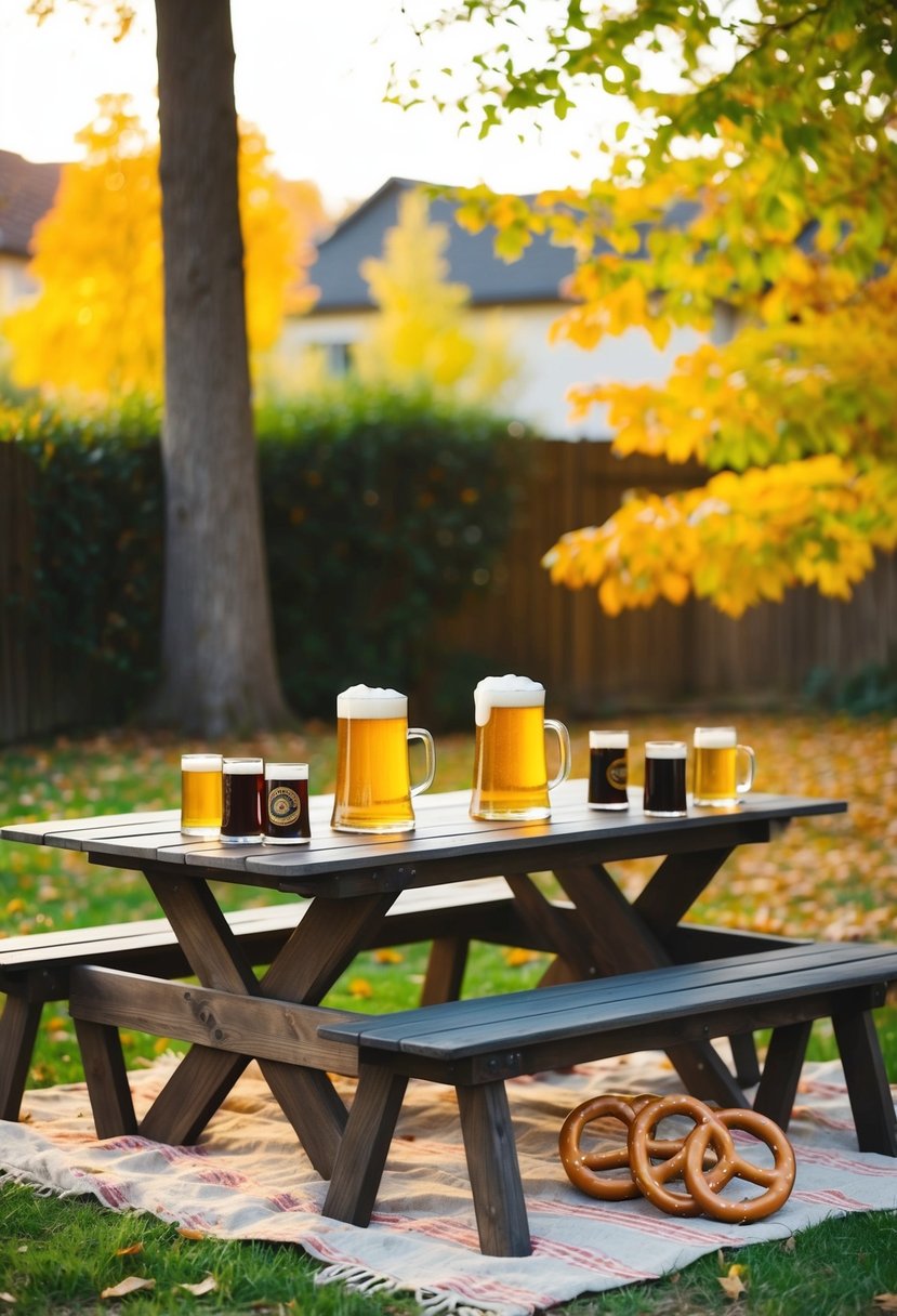 A cozy backyard picnic with a rustic wooden table, beer steins, pretzels, and autumn foliage