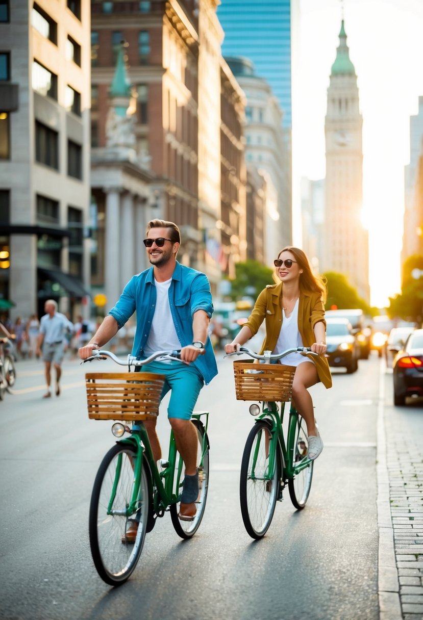 A couple rides rented bicycles through a bustling city, passing by landmarks and enjoying the June sunshine