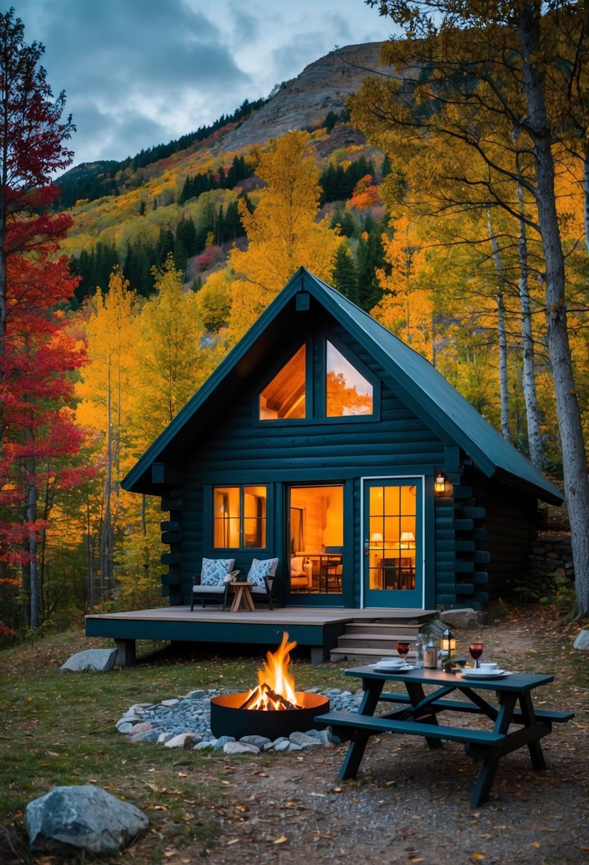 A cozy mountain cabin nestled among colorful autumn trees, with a crackling fire and a picnic table set for two