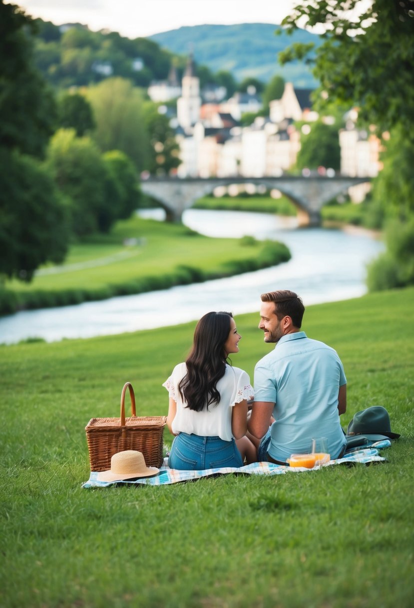 A couple picnicking in a lush, green park with a winding river and quaint town in the background