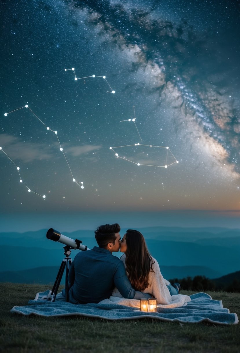 A couple lies on a blanket under a starry sky, pointing out constellations with a telescope and cozying up together