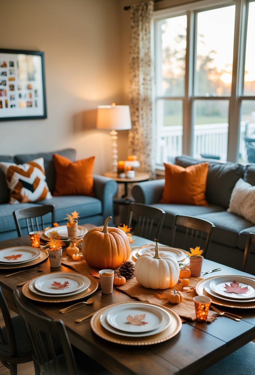 A cozy living room with a table set for a DIY couples costume party. Fall decorations, warm lighting, and craft supplies for making costumes