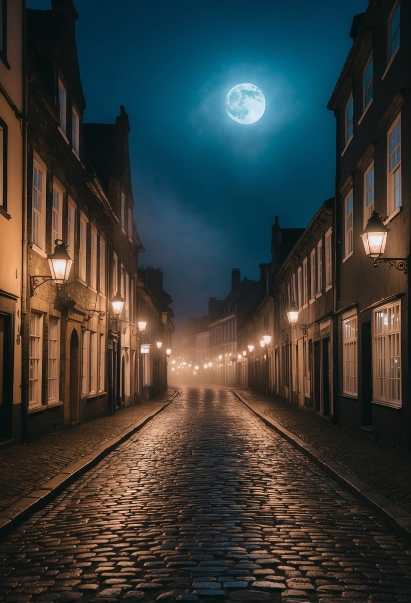 A moonlit cobblestone street lined with historic buildings, illuminated by flickering lanterns and shrouded in a mysterious mist