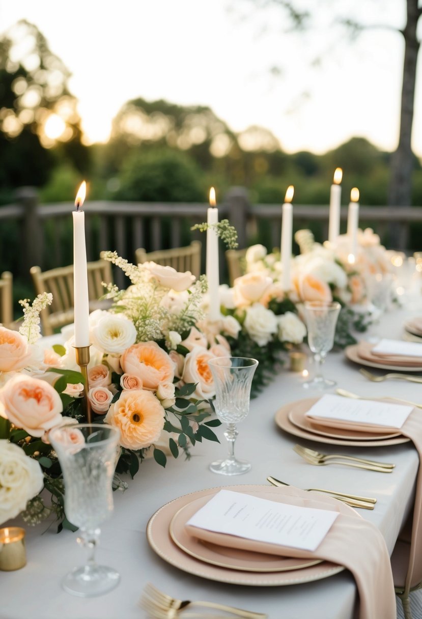 A serene wedding table adorned with peach and ivory flowers, linens, and candles