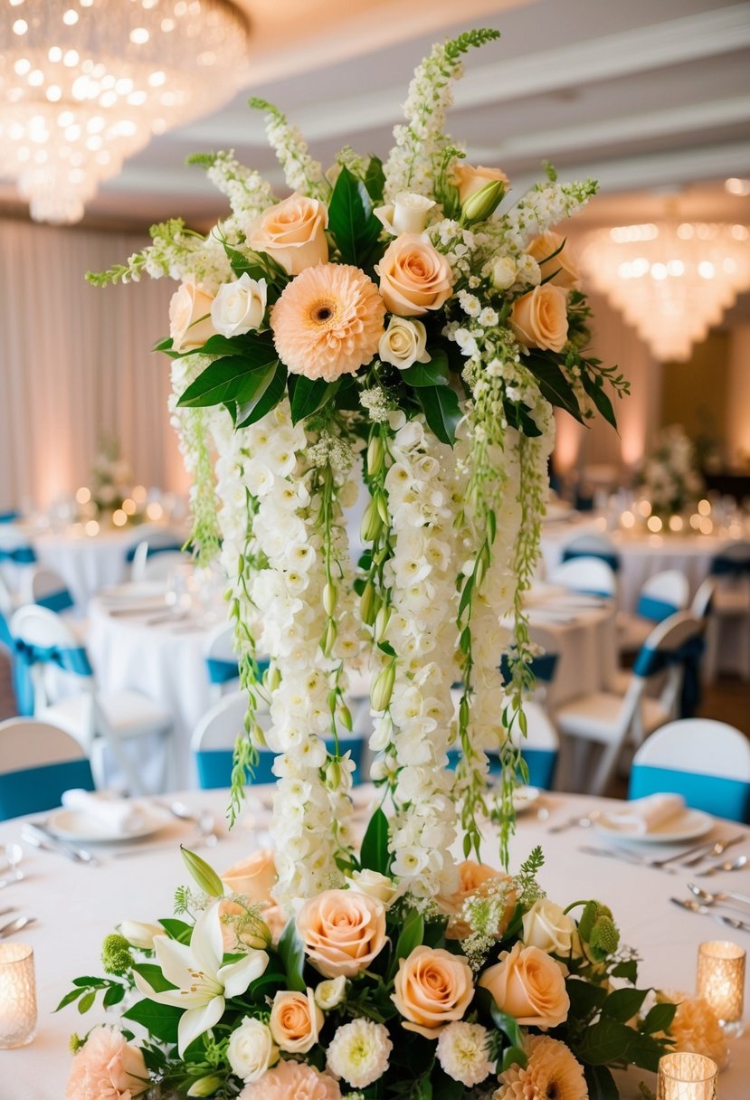 Peach and ivory flowers arranged in a cascading centerpiece for a wedding reception