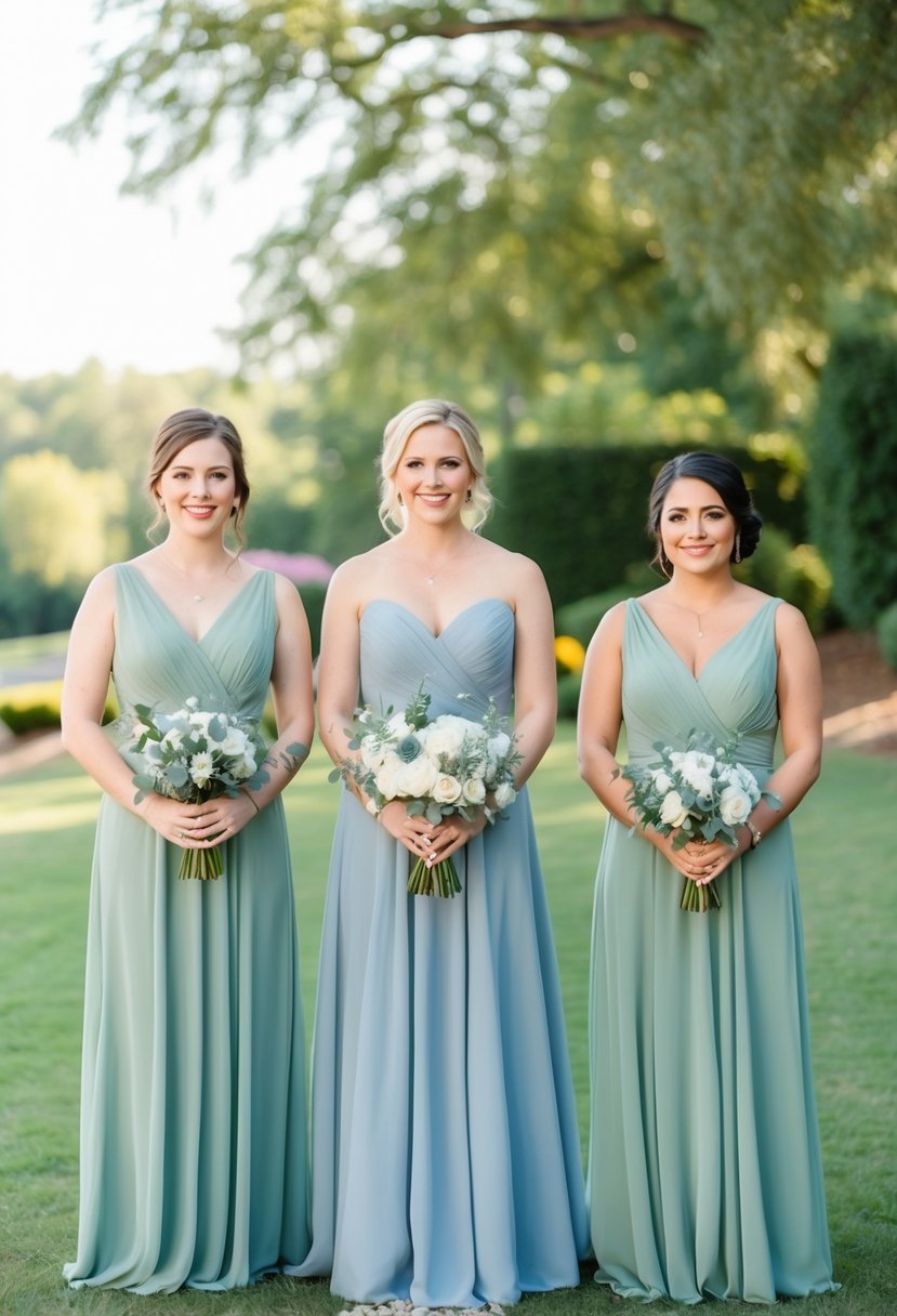 Dusty blue bridesmaid dresses and sage green decor at a wedding