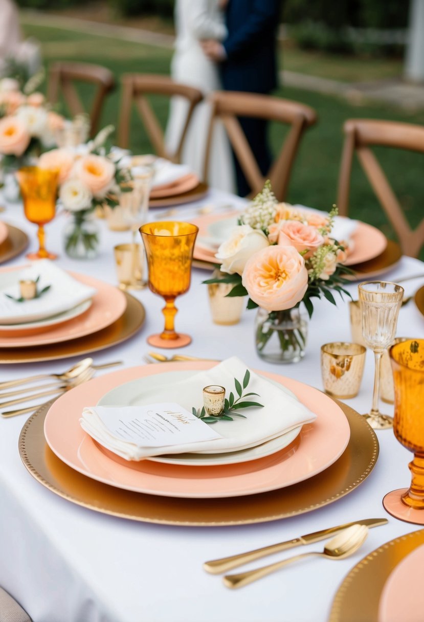 A table set with peach and ivory dishes, accented with gold details for a wedding celebration