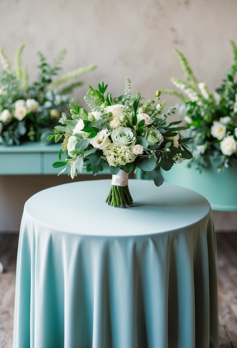 A sage green bridal bouquet sits atop a dusty blue table, surrounded by sage green wedding decor and floral arrangements