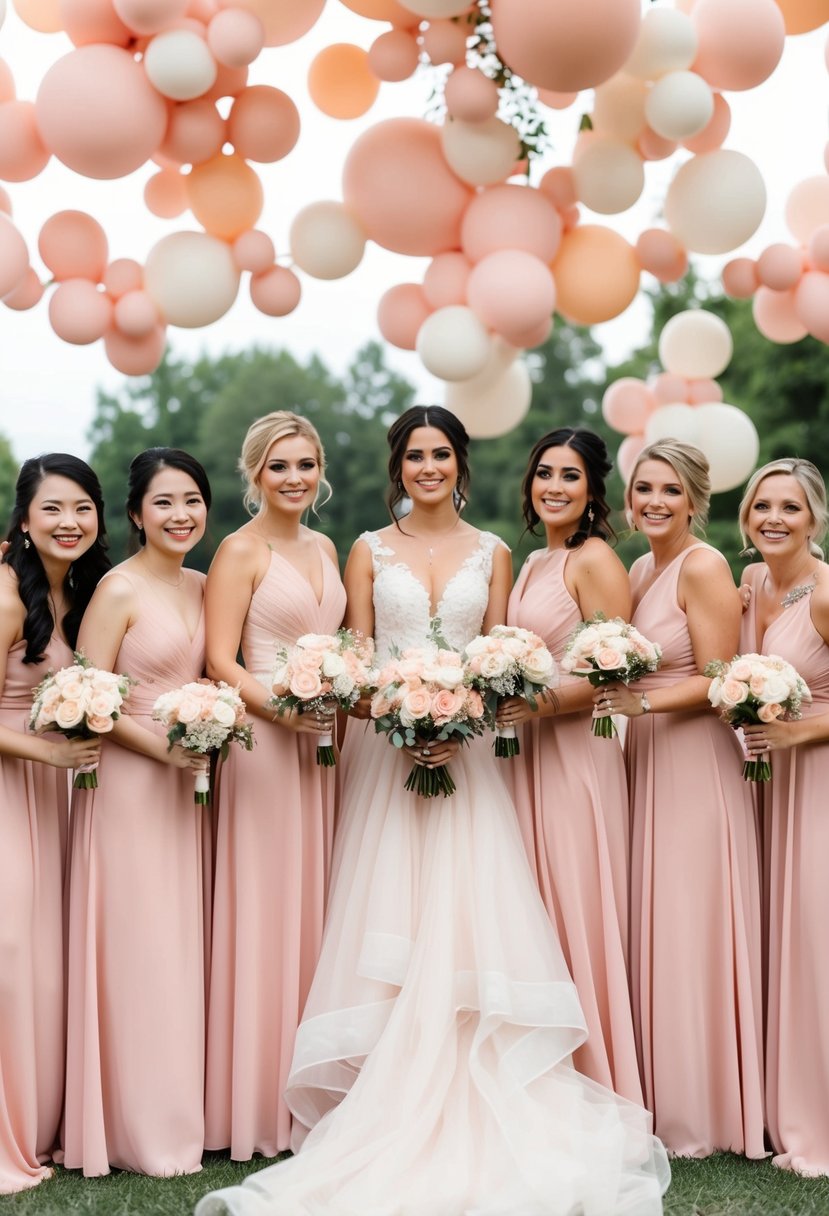 A group of blush pink bridesmaid dresses surrounded by peach and ivory wedding décor