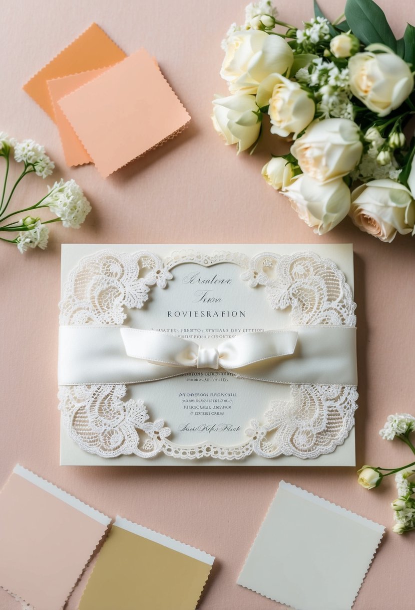 An elegant ivory lace invitation surrounded by peach and ivory wedding color swatches