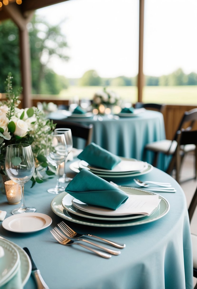 Dusty blue table linens with sage green accents on a table set for a wedding