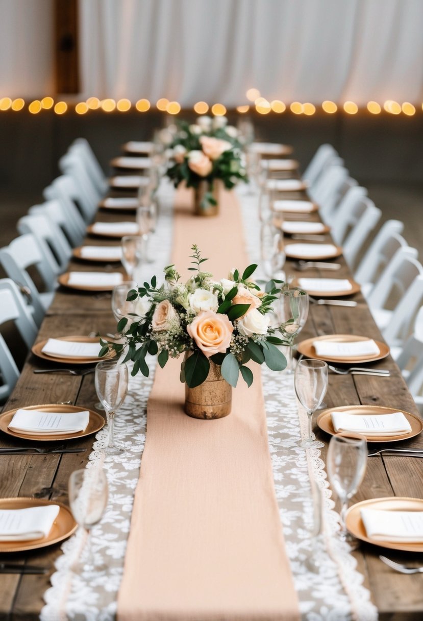 A rustic wooden table adorned with peach and ivory burlap and lace runners, set for a wedding reception