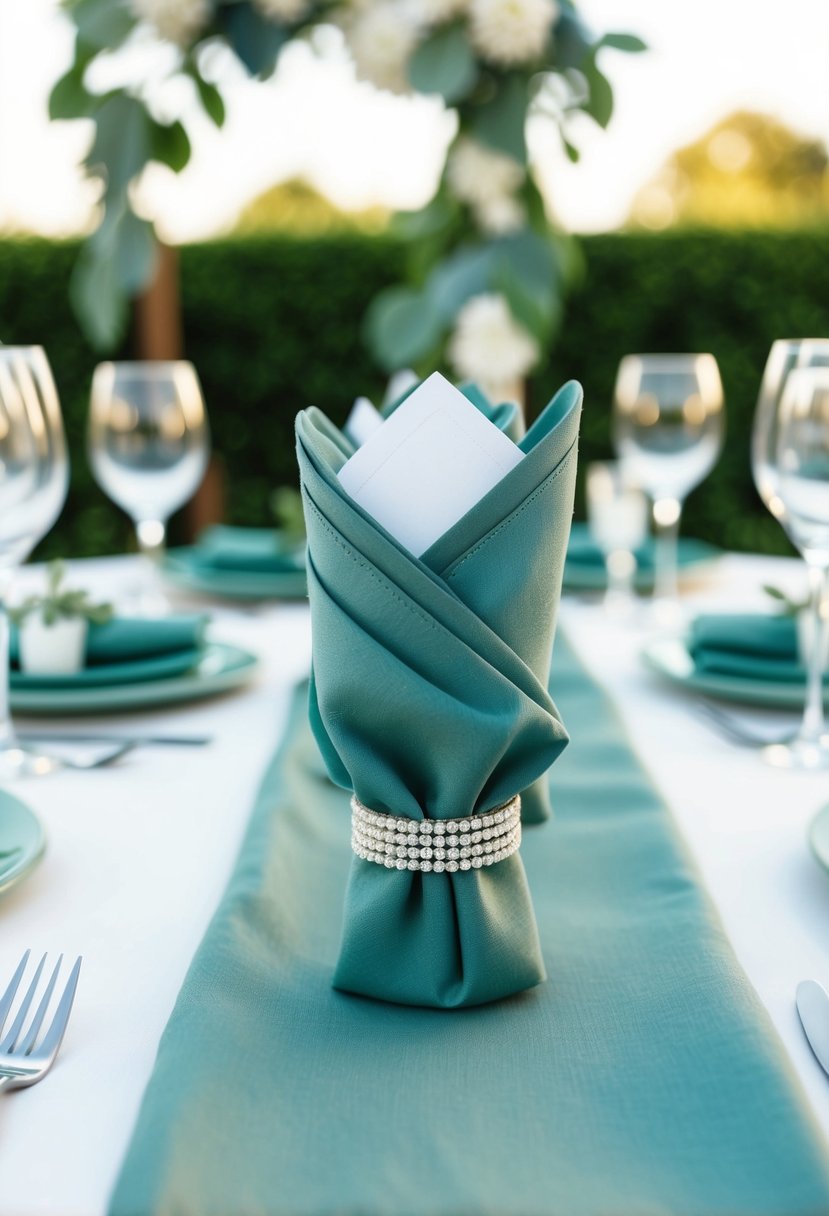 Sage green napkin holders arranged with dusty blue and sage green wedding decor