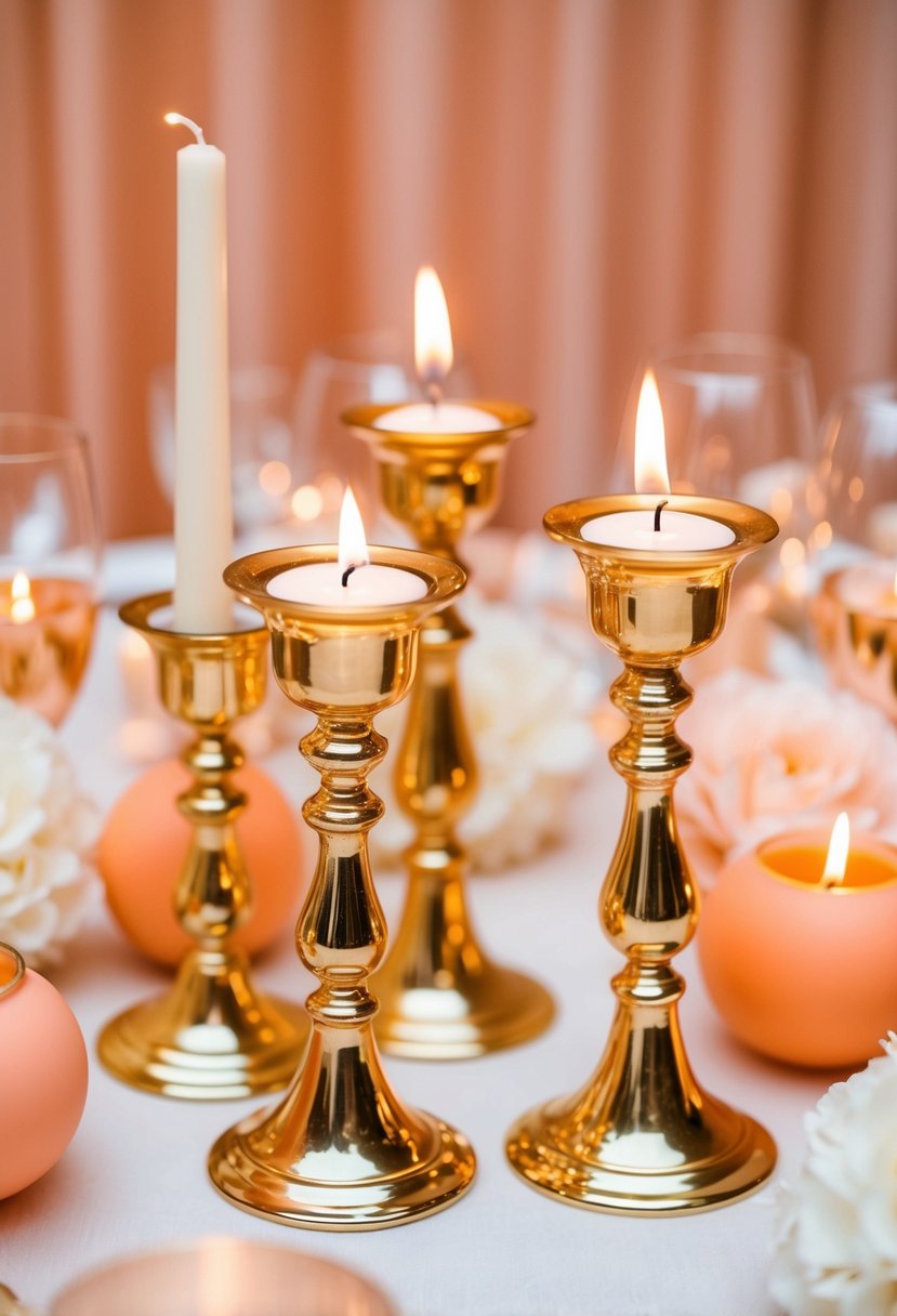 Gleaming gilded candle holders surrounded by a palette of peach and ivory, creating a warm and elegant ambiance for a wedding celebration