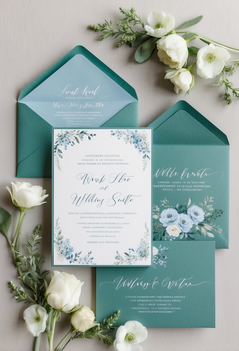 A serene wedding invitation suite in dusty blue and sage green, with delicate floral details and elegant calligraphy