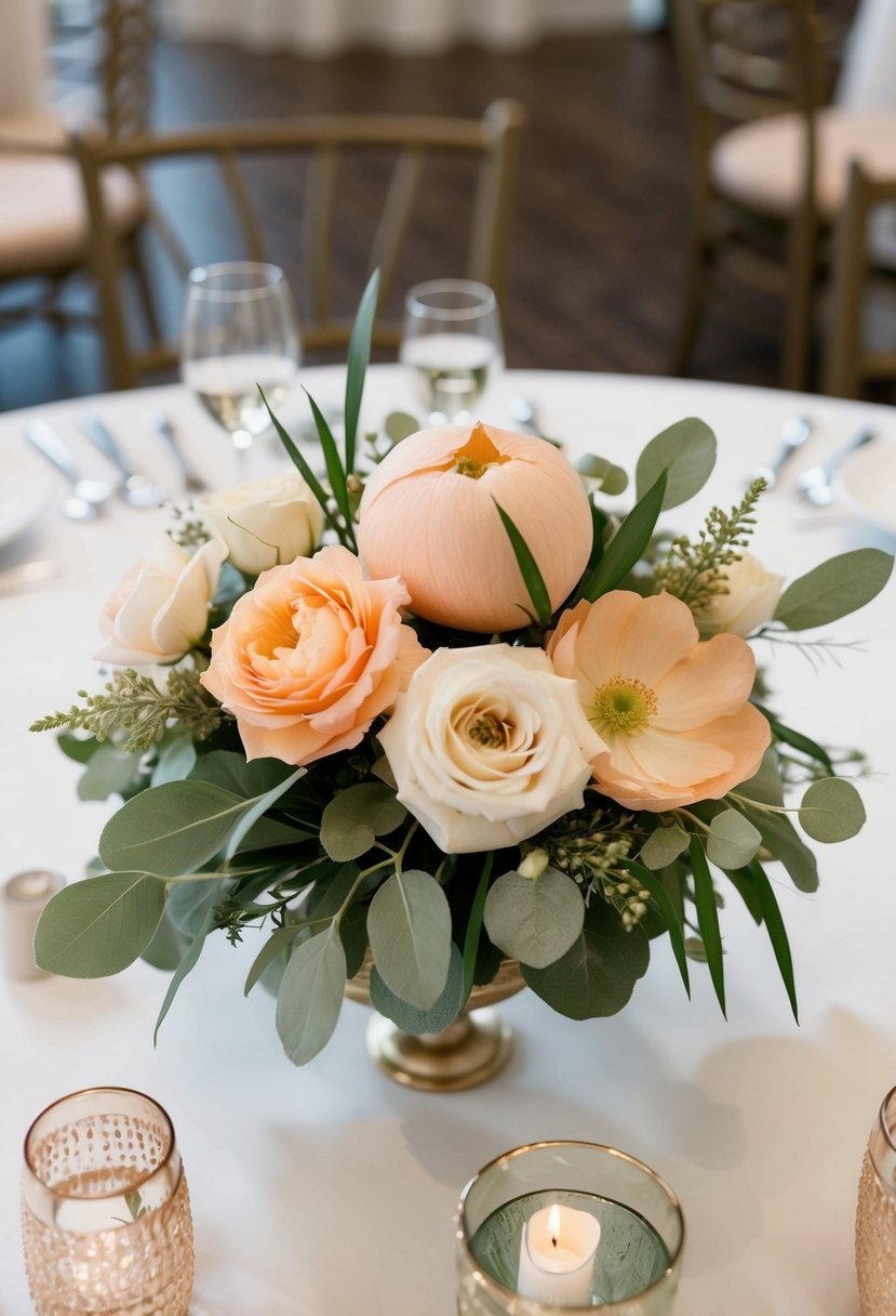 Peach and ivory flowers arranged with sage green foliage in a wedding centerpiece