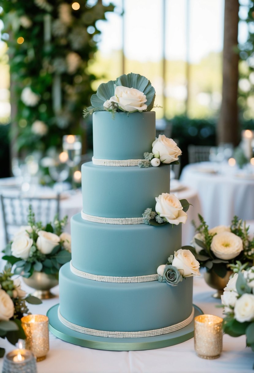 A dusty blue wedding cake adorned with sage green accents sits on a table, surrounded by matching decor and floral arrangements