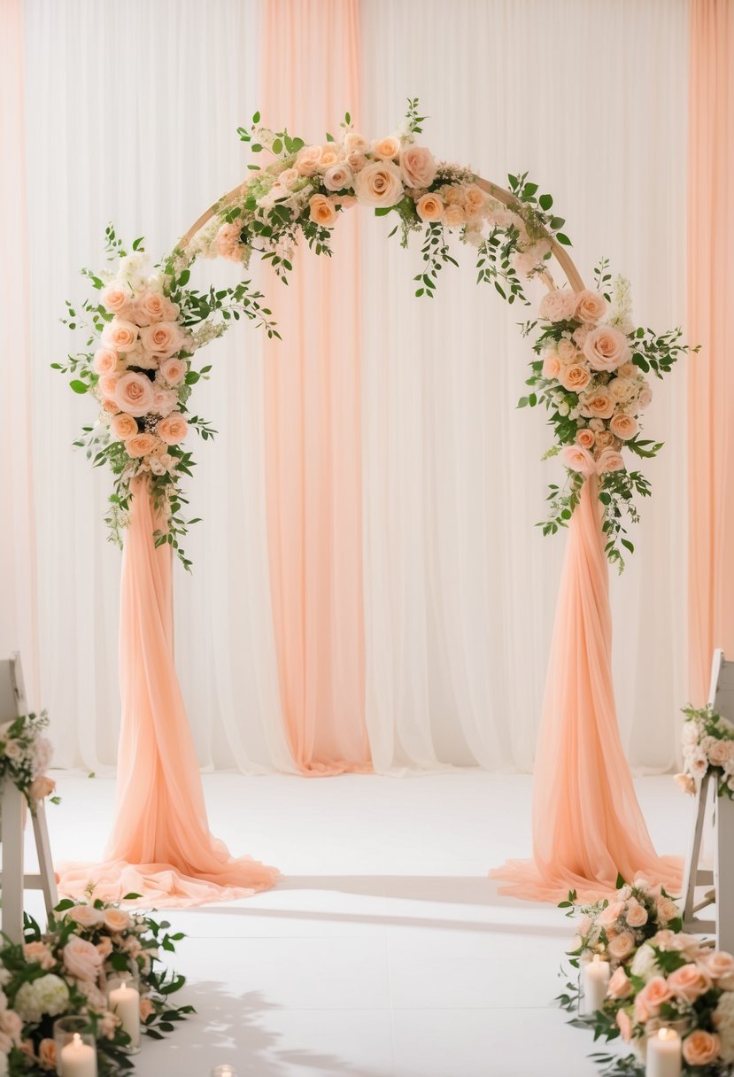 A peach and ivory wedding arch stands adorned with flowers and fabric, surrounded by peach and ivory color accents