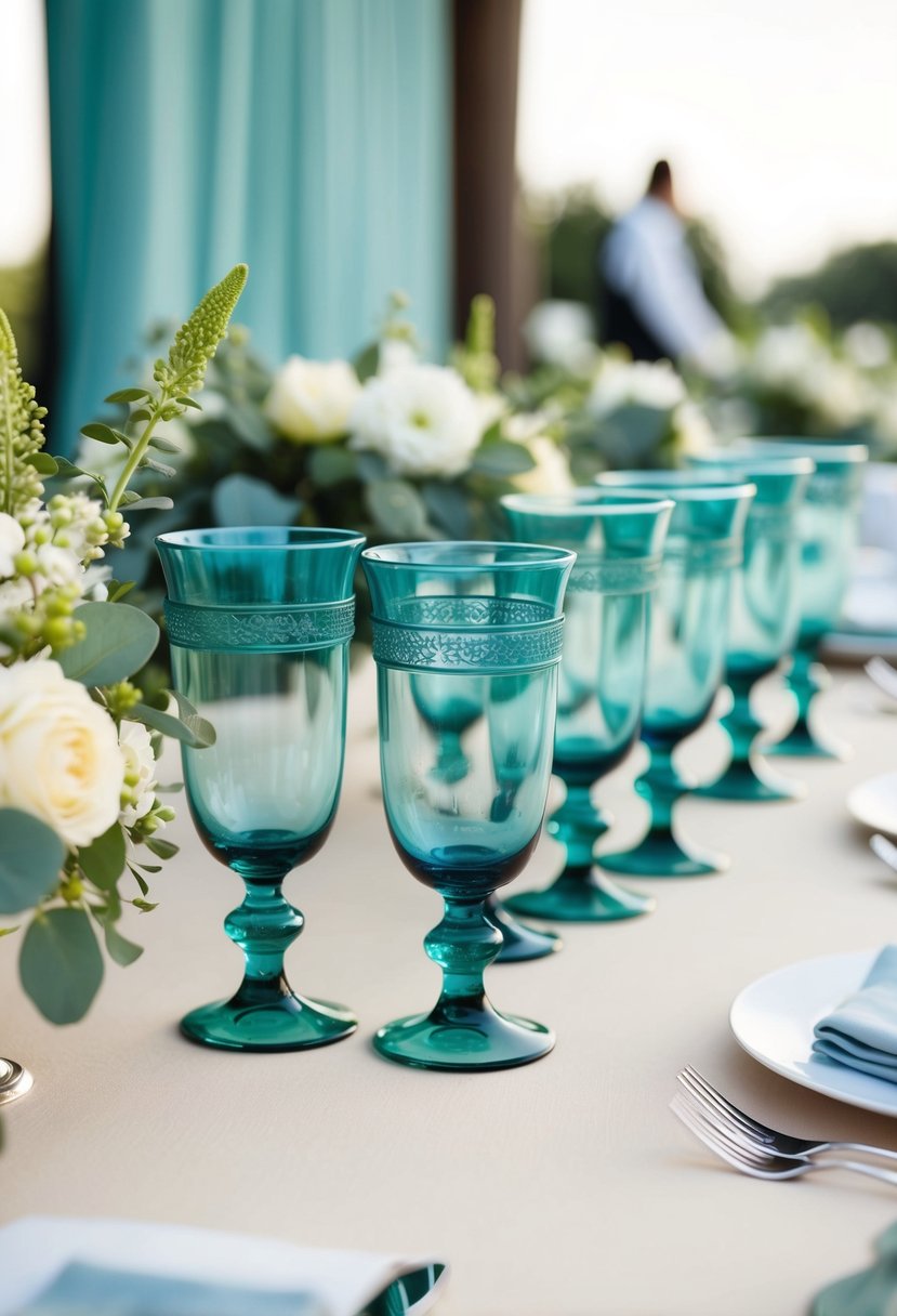 Sage green goblets arranged with dusty blue and sage green decor for a wedding reception