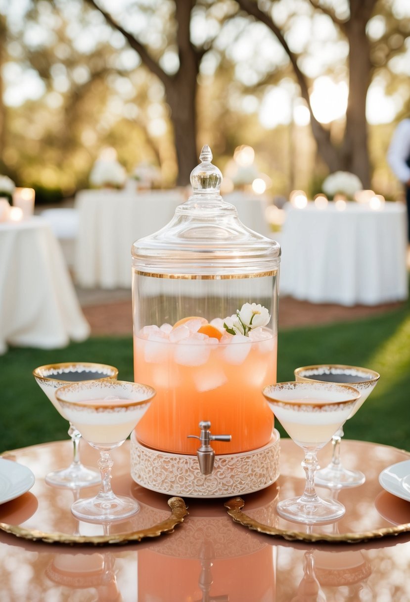 A peach cocktail station with ivory accents for a wedding