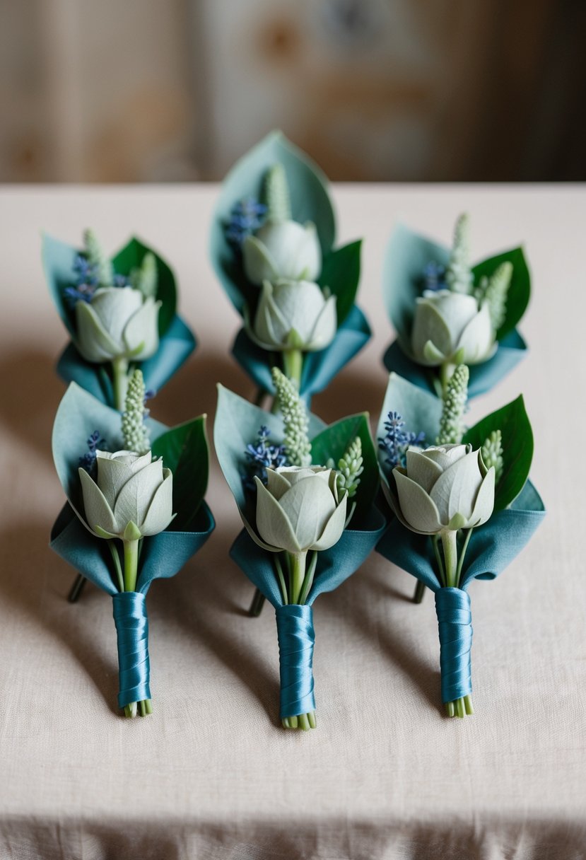 Sage green boutonnières arranged with dusty blue accents in a rustic, elegant setting