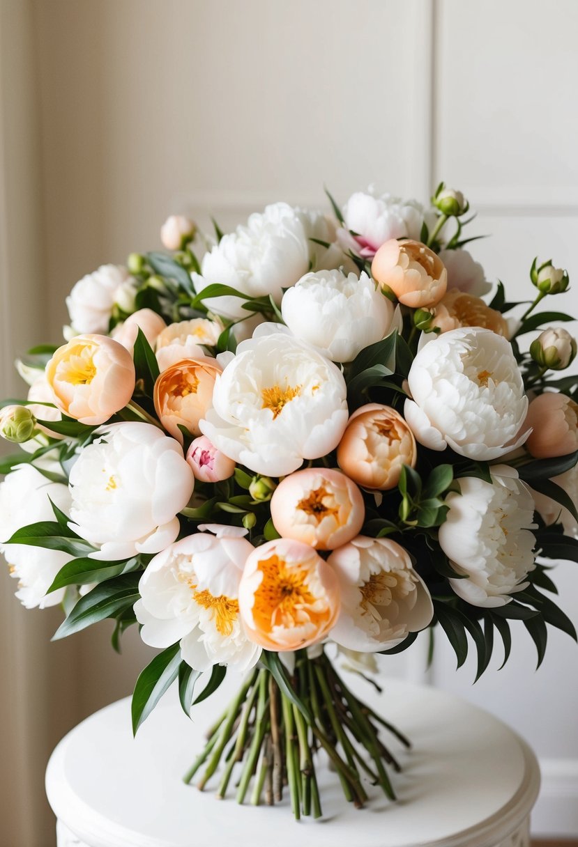 A lush bouquet of ivory peonies mixed with peach blooms, set against a soft ivory background