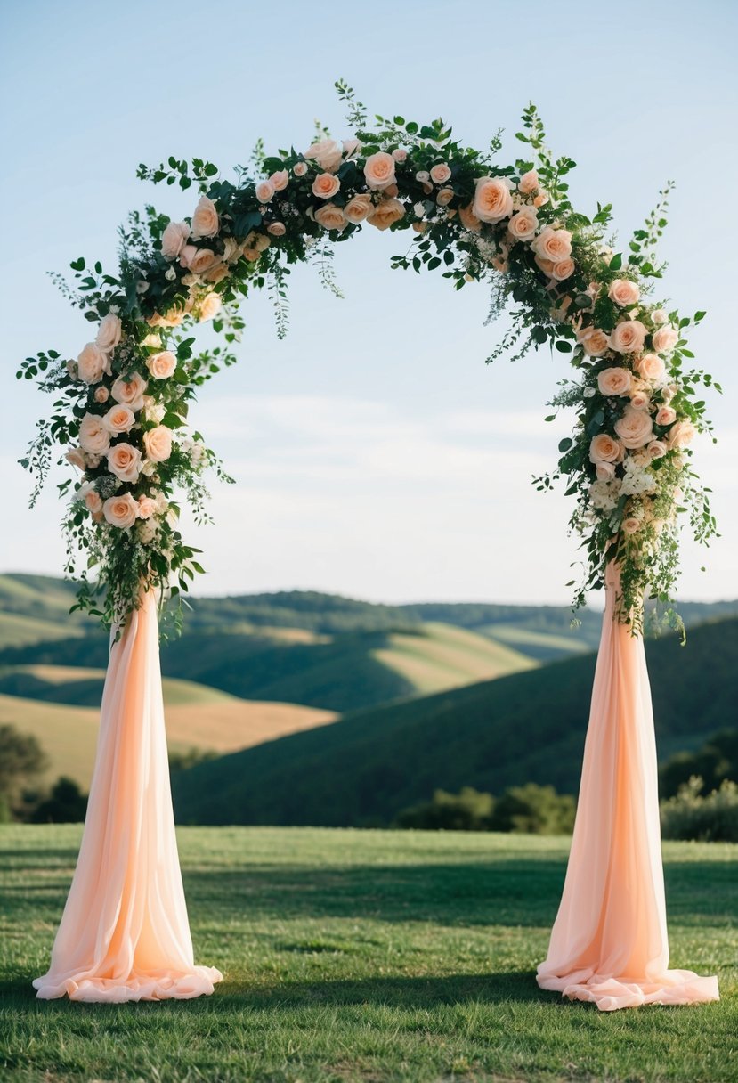 A lush peach and sage green wedding arch adorned with flowers and foliage set against a backdrop of rolling hills and a clear blue sky