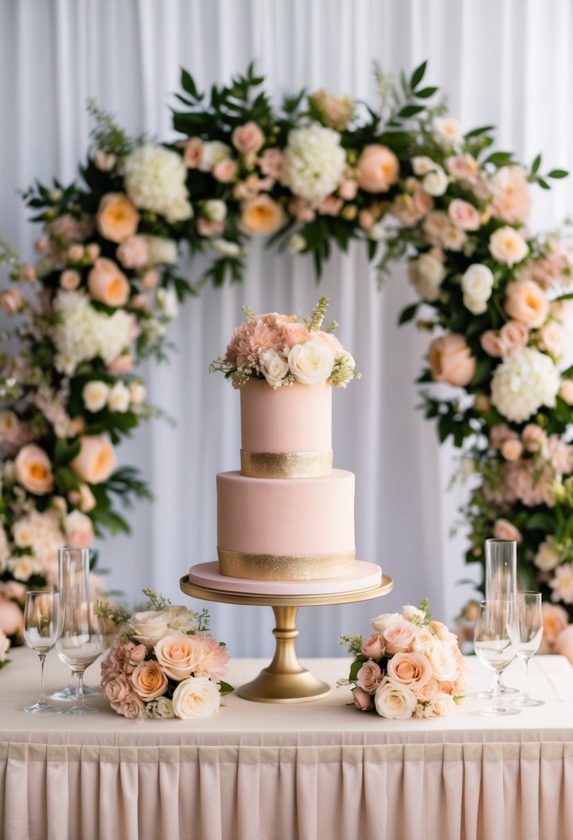 A blush pink and gold cake surrounded by peach and ivory floral arrangements, set against a romantic wedding backdrop