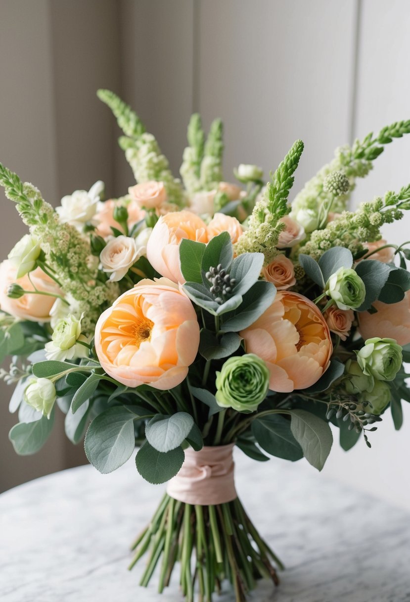 A lush bouquet of peach and sage green flowers arranged in a romantic and elegant manner