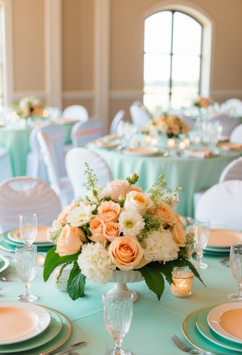 A table adorned with mint and peach centerpieces, showcasing a wedding color scheme of peach and ivory