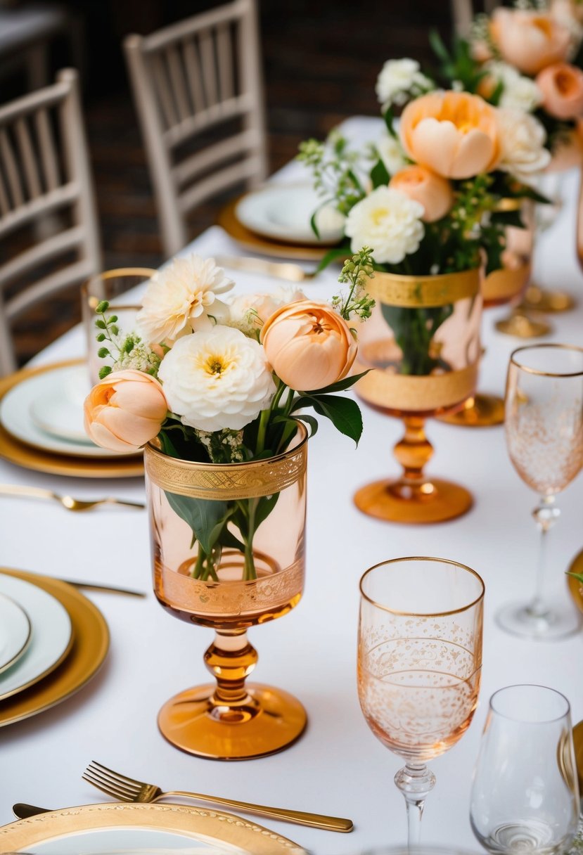 Gold-rimmed glassware filled with peach and ivory flowers on a table