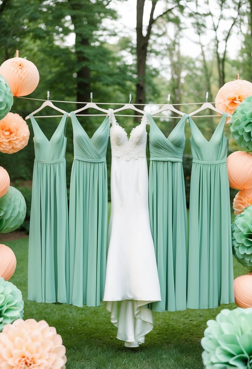 A group of sage green bridesmaid dresses hanging on a clothesline surrounded by peach and sage green wedding decor