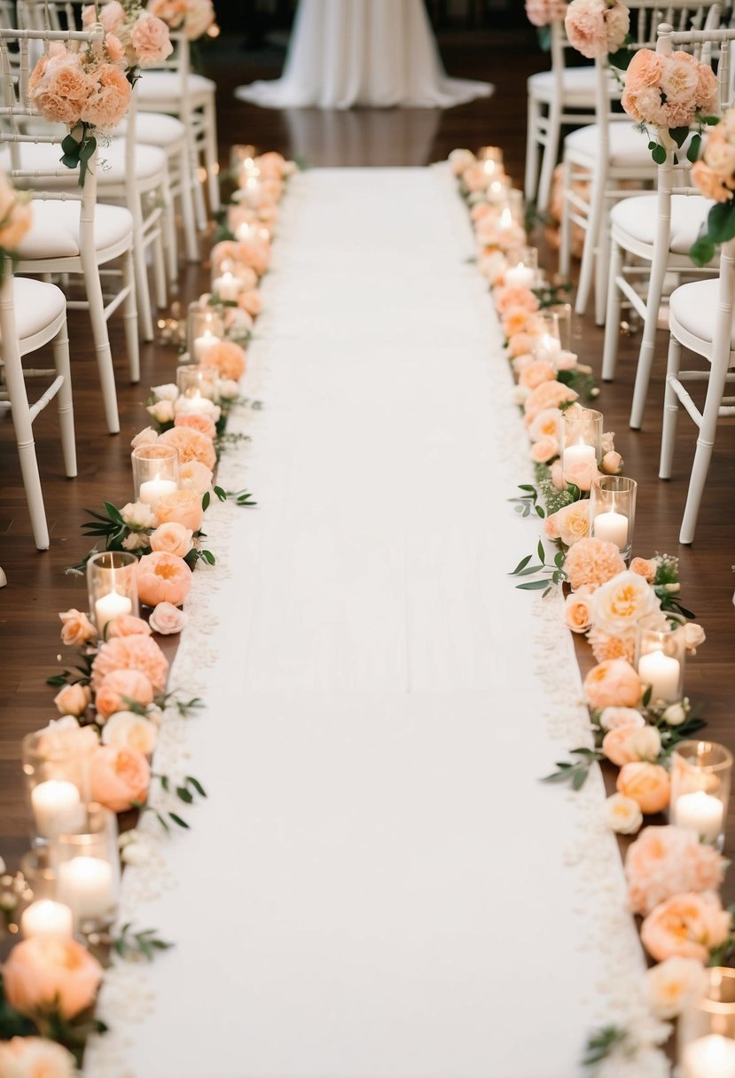 An elegant wedding aisle with ivory runners and peach floral accents