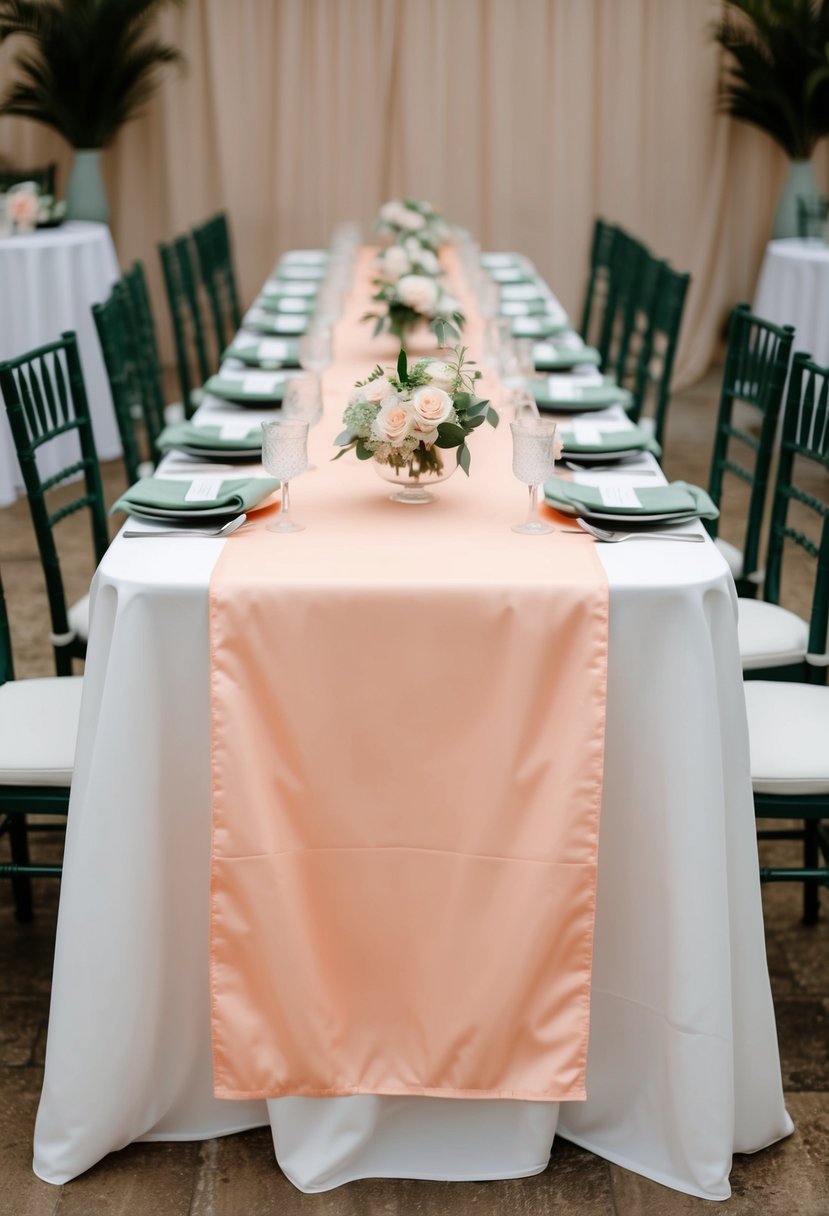 A peach-colored table runner draped over a table, with sage green accents and decor for a wedding setting