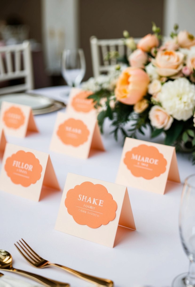 Peach and ivory place cards arranged on a table with floral decorations