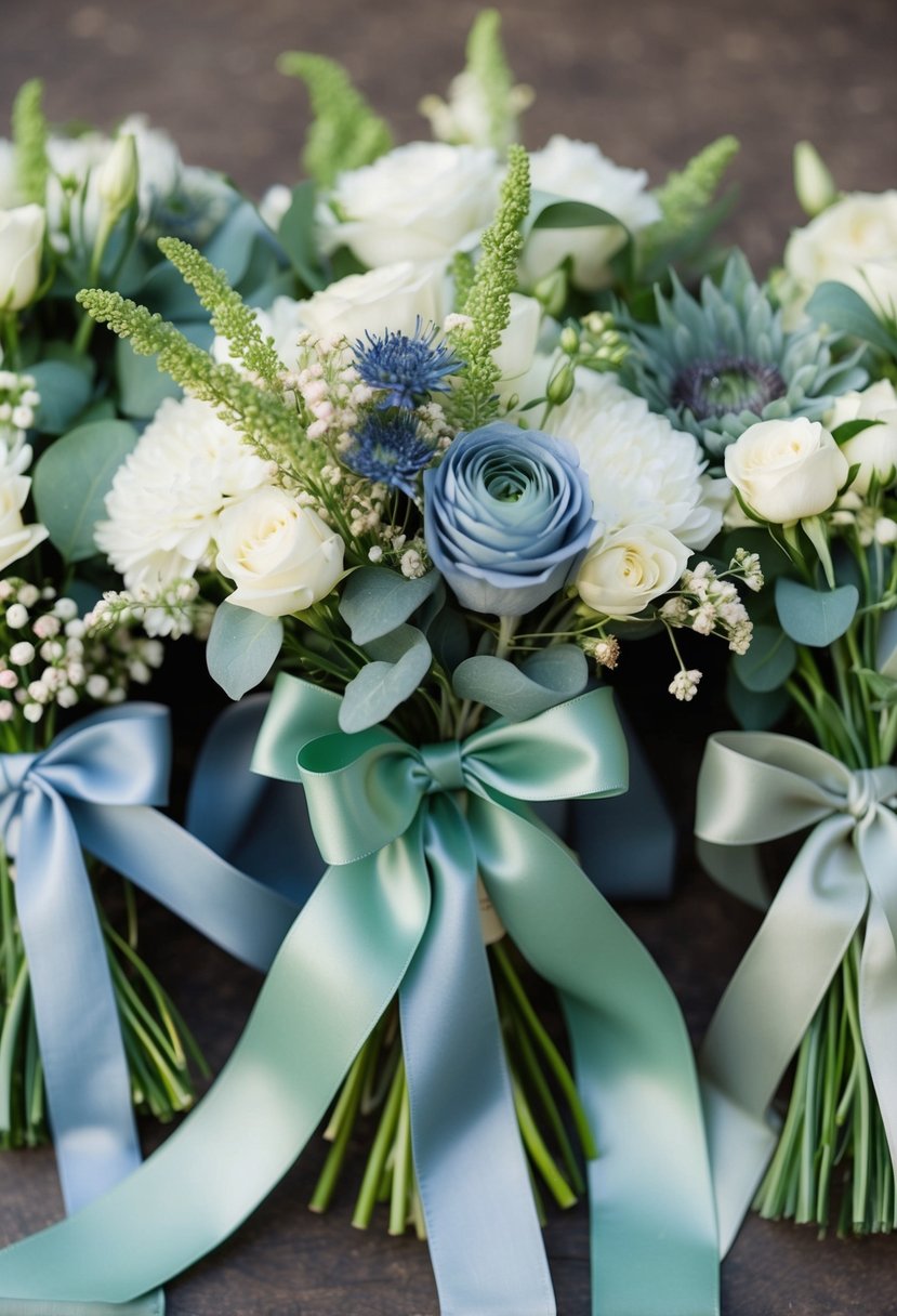 Silk ribbons in sage green and dusty blue, elegantly tied around bouquets of flowers for a wedding