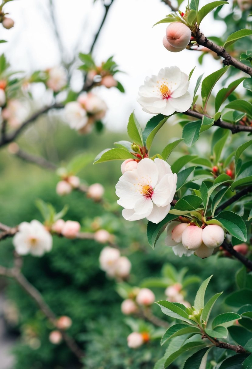 A serene garden with peach blossoms and sage green foliage