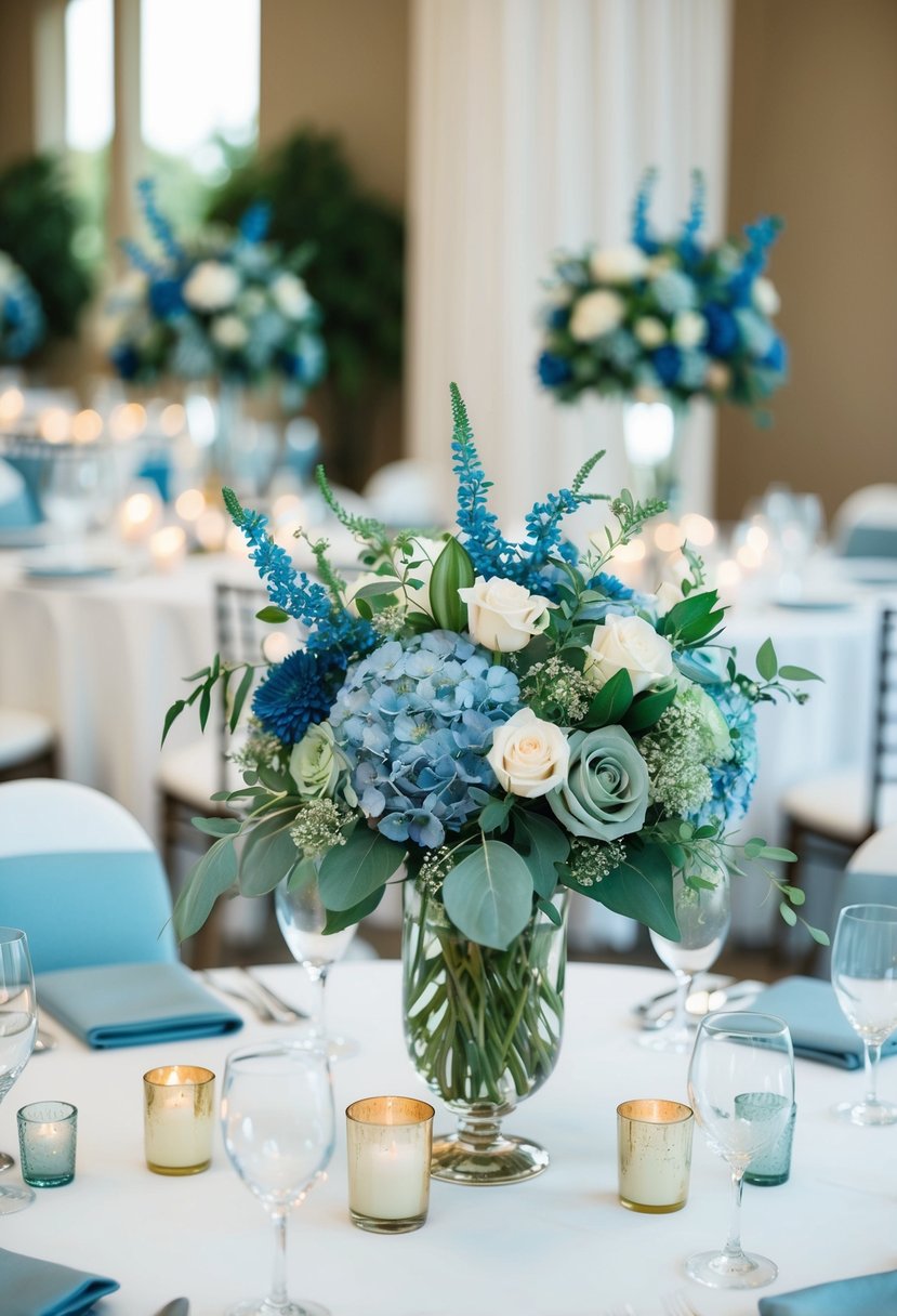 Dusty blue and sage green floral centerpieces adorn a wedding reception table