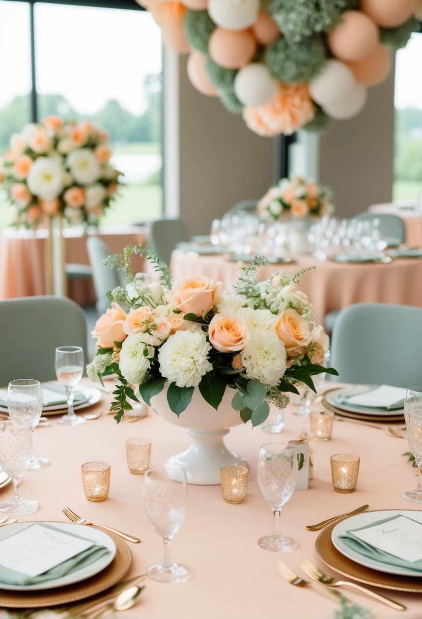 A table set with white and peach floral centerpieces surrounded by peach and sage green wedding decor