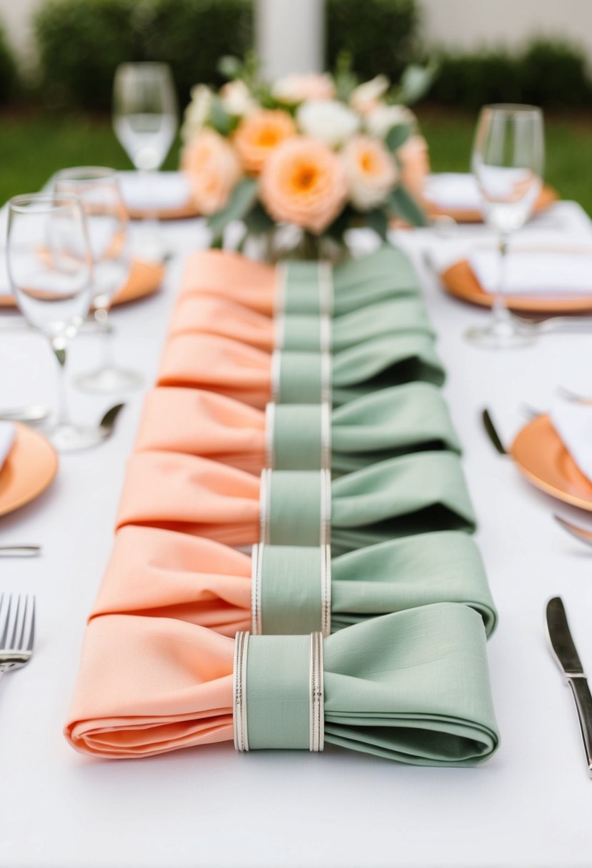 Peach and sage green napkin rings arranged on a table with coordinating wedding decor