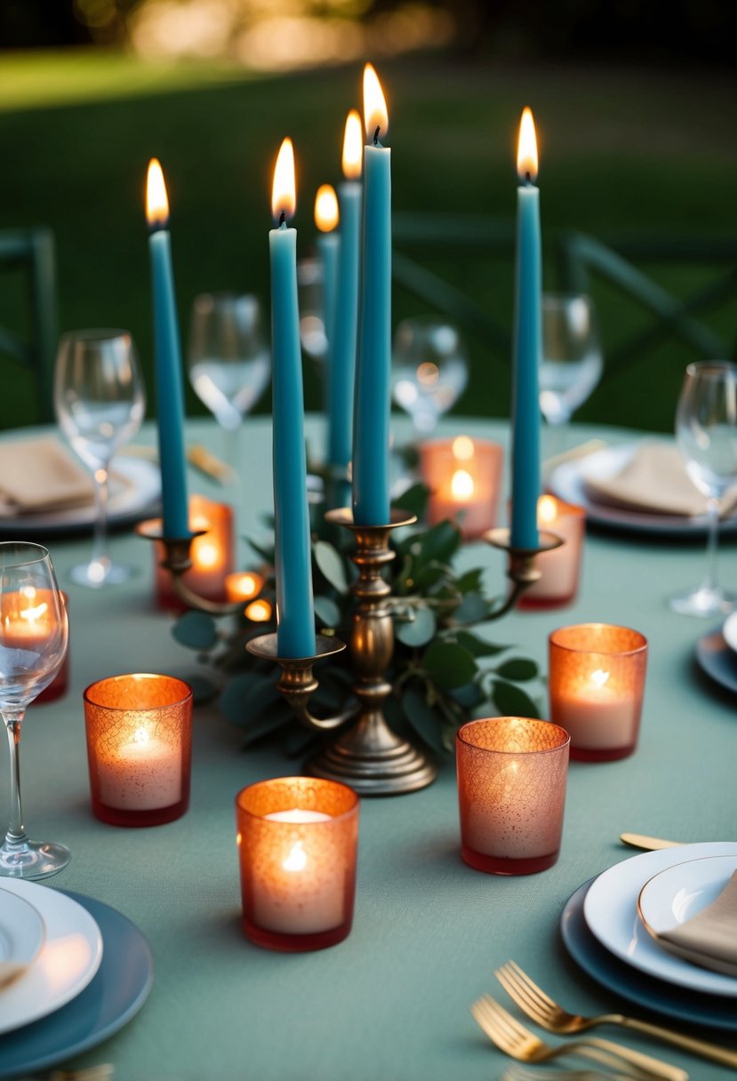 Dusty blue candles casting warm light on a sage green wedding table