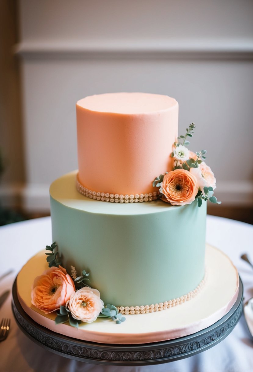 A peach and sage green wedding cake with matching floral accents