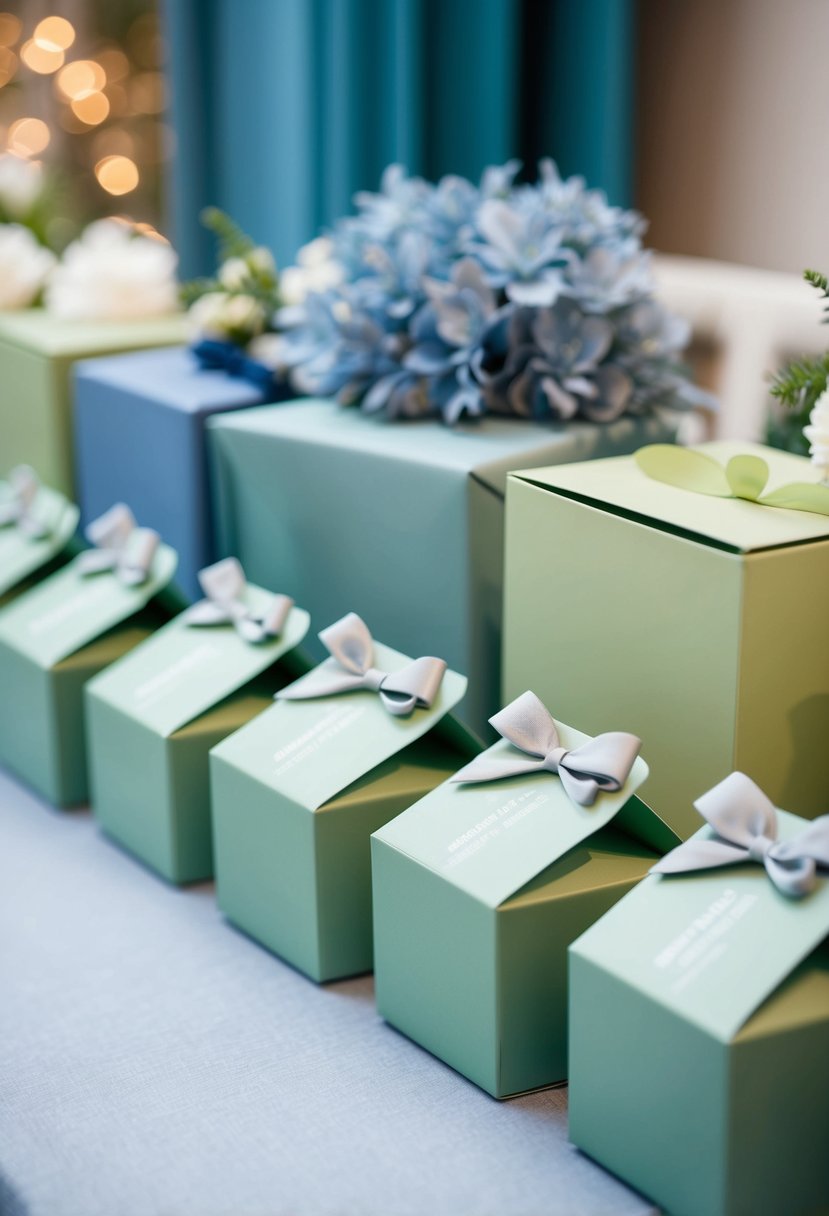 A row of sage green bridesmaid gift boxes next to dusty blue wedding decor