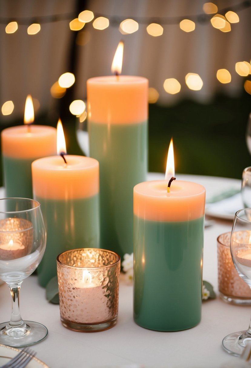 Peach and sage green candles adorn wedding table centerpieces