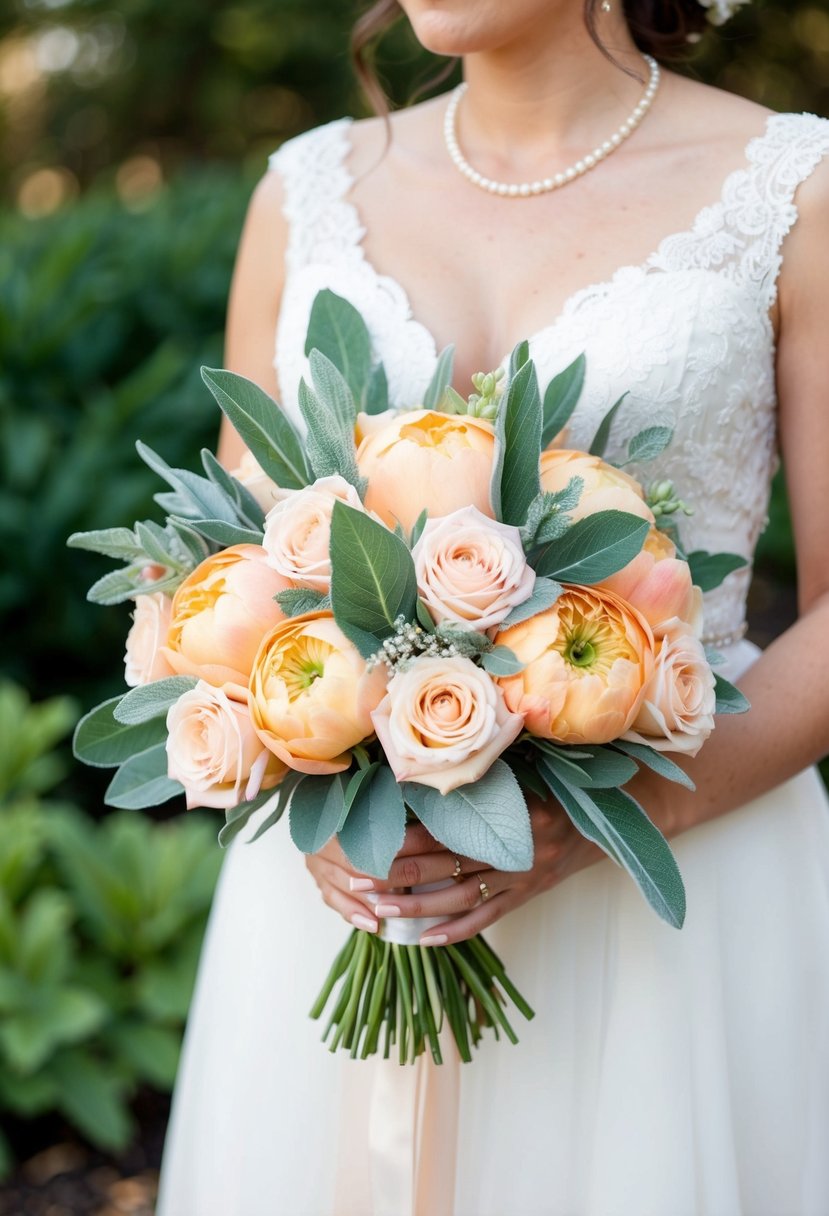 A bridal bouquet featuring peach and sage green colors, accented with sage leaves