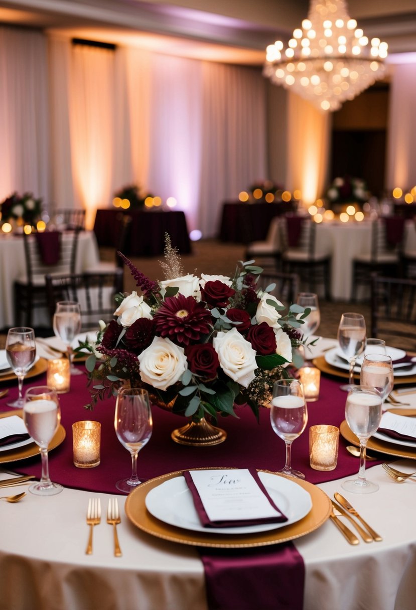 A maroon-themed wedding reception with rich floral centerpieces, elegant table settings, and warm candlelight