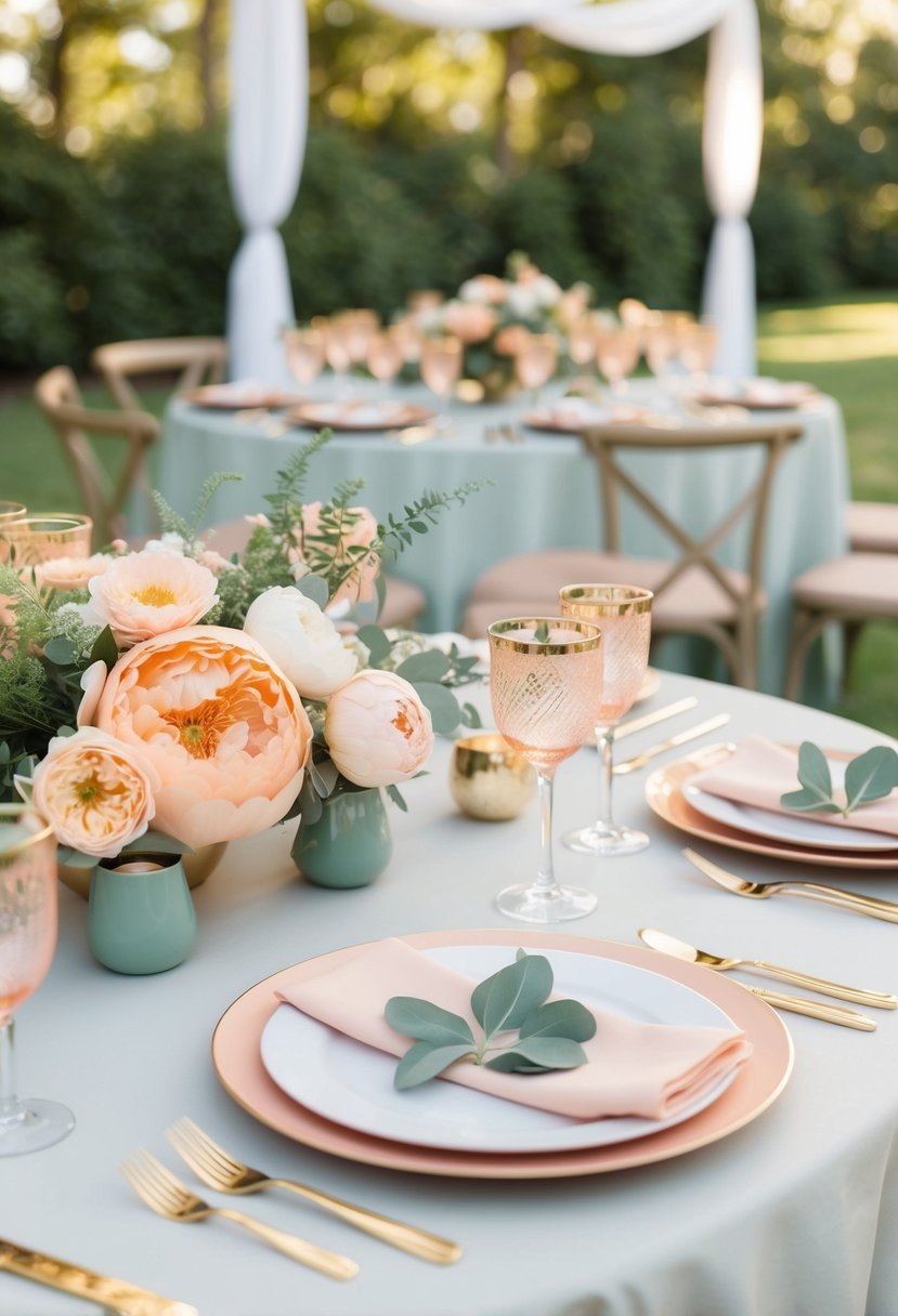 A table set with peach and gold accents, complemented by sage green decor for a wedding